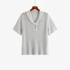Top de punto fino de verano para mujer talla grande con cuello camisero desplegable, estilo verano 2026 para mujeres talla grande, camiseta casual versátil de manga corta 23998