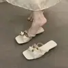 Primer Encuentro Ji Sandalias Exquisitas Francesas para Mujer Chanclas de Una Tira con Lazo para Mujer Calzado de Verano para Exteriores Chanclas Delicadas de Tacón Bajo Abiertas
