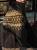 Suéter de Gola Alta Jacquard Fair Isle para Mulheres, Outono e Inverno Espessado Tricô de Alta Qualidade Cor Café, Estilo Preguiçoso Top Macio e Aconchegante