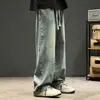 Calça Jeans Reta Solta Retro Streetwear Tendência Outono Lavada Versátil Casual Cintura Elástica Americana para Homens