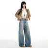 Jeans Azules Anchos Vintage para Mujer, Nuevo Estilo Otoño e Invierno, Estilo Holgado y Casual, Costuras en la Costura Lateral, Pantalones Rectos Bordados