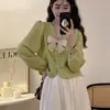 Camisa Rosa de Cuello en V con Lazo y Mangas Abullonadas Diseño Femenino Nicho Primavera Francesa Dulce y Chic Top Corto