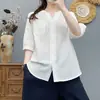 Camisa Casual de Encaje con Cuello en V para Mujer, Corte Holgado, Versátil, Artística, Adecuada para el Trabajo, Top Rejuvenecedor, Blusa de Gasa de Algodón de Doble Capa