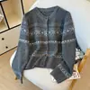 Nuevo diseño estilo coreano para otoño e invierno, suéter de punto con cuello redondo, jacquard vintage, bloques de color para mujer, cárdigan de punto para mujer
