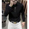 Camisa Masculina de Manga Longa Marca Importada Italiana, Não Amassa, Antirrugas, Corte Slim, Colarinho Pontudo, Estilo Social, Camisa Preta para Outono