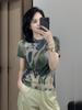Tops Niche de Diseño Hermoso Popular de Este Año Ajustados Slim de Gama Alta Estampados de Cuello Redondo y Manga Corta para Mujer en Verano