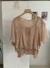 Camisa de Chiffon Kekezoon com Patchwork de Renda, Decote V, Mangas Bufantes e Curtas, Top de Verão Modelador com Ajuste na Cintura 7842