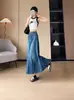 Saia Midi Jeans Vintage Desgastada para Mulheres, Versátil Nova de Cintura Alta Modelo A com Barra Larga e Design Patchwork