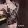 Gato Noturno Sexy Decote em V Profundo Vazado Lingerie Feminina Cadarço no Pescoço Estampa de Renda Transparente Bodycon Conjunto de Camisola