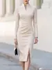 Venta Caliente Transfronteriza Vestido Negro de Manga Larga con Cuello Alto para Mujer Ajustado al Cuerpo Ceñido a la Cadera de Longitud Media con Abertura Vestido de Noche Falda de una Pieza