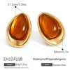 Pendientes Yuhui de Acero de Titanio Transfronterizos con un Ambiente Vintage, Pendientes de Acero Inoxidable Chapados en Oro Real con Incrustaciones de Resina Estilo Maillard en Forma de Lágrima