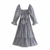2021 estilo europeo y americano verano mujer nuevo al por mayor manga larga cuadros lazo vestido 9442