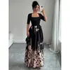 Elegante vestido de manga media con cuello cuadrado para mujer europea y americana, vestido de línea A estampado de comercio exterior transfronterizo, elegante vestido largo
