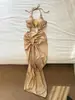 Traje de Baño de Una Pieza de Color Sólido de Gama Alta con Carcasa Dorada y Falda Larga, Escote en V Profundo Sexy, Espalda Descubierta, Elegante Traje de Baño para Vacaciones
