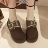 Sapatos Birkenstock Versão Lã Couro Genuíno Feminino Inverno Plus Velvet Espessado Quente Peludo Sapatos Grandes de Algodão Slip-on Botas de Neve