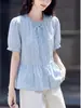 Camisa Elegante e Estilosa com Gola Franzida de Manga Curta para Mulheres, Nova Moda Verão 2026 com Barra Patchwork, Top que Esconde a Barriga e Emagrece