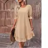 Vestido de Verano y Primavera 2024 Transfronterizo Europeo y Americano TEMU para Mujer, Retro, Algodón y Lino, Manga Media, Cuello Redondo, Color Sólido, Holgado, de Falda Amplia