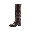Botas de Caballero Apiladas de Caña Alta Arrugadas de Piel de Vaca Entera 2026 Invierno Tacón Alto Grueso Punta Cuadrada Piel Genuina Sin Cordones Botas Largas Mujer