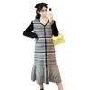 En Stock Nuevo Vestido de Punto Grueso Patchwork Otoño e Invierno Nicho Único Cuello en V Adelgazante de Maternidad Sirena