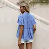 Estación Independiente de Amazon Transfronteriza Verano 2023 Nuevo Moda Europea y Americana Camisa Azul de Manga Corta con Flores Pequeñas para Mujer