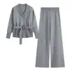 Conjunto de tricô com cinto, moda casual estilo preguiçoso, best-seller do AliExpress, vestuário feminino europeu e americano transfronteiriço
