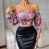 Europa y Estados Unidos transfronterizo nuevo sin hombros hermosa espalda manga abullonada mujeres sexy ultra corto cuello cuadrado estampado top chaleco mujeres