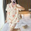 Cardigan feminino de manga curta para pijama de verão feminino de algodão bolha tecido crepe ins doce conjunto homewear