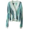 Estilo Coreano 2024 Primavera & Outono Novo Suéter Feminino Bloqueio de Cores Gola V Estilo Solto e Fashionável Cardigã Curto de Tricô Jaqueta Feminina