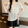 Camiseta de Verano 2026 Estilo Nuevo Talla Grande para Mujer con Bloques de Color, Rayas, Diseño Calado de Manga Corta y Cinta Irregular, Top Ligero