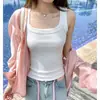 Top de tirantes anchos con cuello en U para mujer, básico de verano acanalado ajustado de color liso sin mangas que cubre los laterales del busto, adecuado para llevar en capas o solo