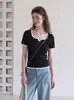 Camiseta de verano para mujer de manga corta con un diseño único, cuello de punto, estilo nicho, corte cropped, tiro alto, ajuste ceñido, dulce y picante 278