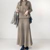 Conjunto de Duas Peças Europeu e Americano Outono e Inverno Novo, Vestido Suéter de Meia-Estação Cor Sólida Linha A Plissado Versátil Emagrecedor de Cintura Alta