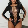 Bikini Transparente Negro Transfronterizo Ajustado de Moda Lencería Sexy Uniforme de Manga Larga para Mujer Tallas Grandes
