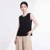 Chal Miyake de cuello redondo para mujer, alta calidad, color liso, simple, versátil, corte ajustado, elástico, sin mangas, plisado, top tipo camiseta interior