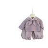 [Novedades de Otoño] ¡Pastel de Pay de Pasta de Taro! Conjunto de sudadera con pajarita súper linda y pantalón tipo linterna de lunares morados, diseño original, para niñas