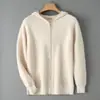 Casaco de Lã com Capuz Engrossado para Homens 100% Lã Pura Cardigan de Tricô com Zíper Loose Casual Hoodie