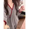 Pijama Retro Estilo Coreano Tono Gris Estampado Floral Manga Larga para Mujer, Nuevo Estilo Otoño Cómodo Talla Grande Pantalón Largo Ropa de Casa Conjunto de Dos Piezas