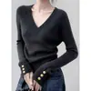 Suéter de punto gris con cuello en V y manga larga estilo coreano, nuevo top básico ajustado otoño/invierno 2025