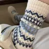 Calcetines de Lana Estilo Fair Isle Argyle Nórdico Otoño e Invierno, Calcetines de Maternidad Cálidos Estilo Étnico Retro Japonés, Calcetines Gruesos Holgados