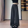 Conjunto de Linho Listrado Calça de Pernas Largas para Mulheres, Novo Design de Outono, Elegante Cintura Alta Emagrecimento Versátil Calça Casual