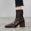 Dongdaemun Show de estilo coreano, botas finas de cabeça quadrada pequena para deslocamento, outono e inverno 2024, salto grosso, salto alto, perna elástica, botas erradas para mulheres