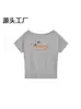 Camiseta Gris de Verano Nuevo Estilo de un Hombro Descubierto Manga Corta para Mujer Cachorro de Dibujos Animados Descuento Casual Holgada para Mujer