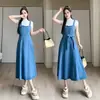 Foto Real de Vestido Salopete Jeans, Novo Estilo Vestido Longo Salopete, Algodão Azul Estiloso, Outro Estilo de Rua Único