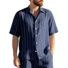 Camisa de Lino Jacquard con Rayas Verticales de Verano, Independiente Transfronteriza, Cuello Camisero, Abotonada, Holgada, Transpirable, Casual para Hombre de Manga Corta