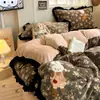Ins Outono/Inverno Leite Fleece Renda Conjunto de Quatro Peças Capa de Edredom de Flanela Lençol de Cama Conjunto de Cama Quente de Fleece de Coral