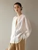 Camisa de manga larga con patchwork de encaje para mujer, con cuello camisero, escote en V, intrincado patchwork de encaje calado en la parte delantera y mangas tipo farol