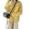 ¡Estilo dulce! Suéter amarillo claro oversized para mujer, cuello redondo, sin botones, corte favorecedor, holgado, hecho de lana suave