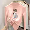 Camiseta de base feminina DeRong, estilo outono/inverno, top casual estampado de gola alta, peça íntima de manga longa para outono e inverno