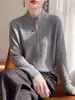 Nova Jaqueta de Outono para o Trabalho com Zíper Duplo, Gola Alta, Modeladora, Versátil, com Fio Dourado e Prateado, Cardigan de Tricô Estilo Baseball, Roupa Externa