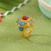 Yuebao Joyería Plata de Ley S925 Chapado en Oro Ágata Roja del Sur Tendencia Nacional Cloisonné Vintage Flor de Loto Mariposa Forma de Huevo Anillo Anillo de Plata